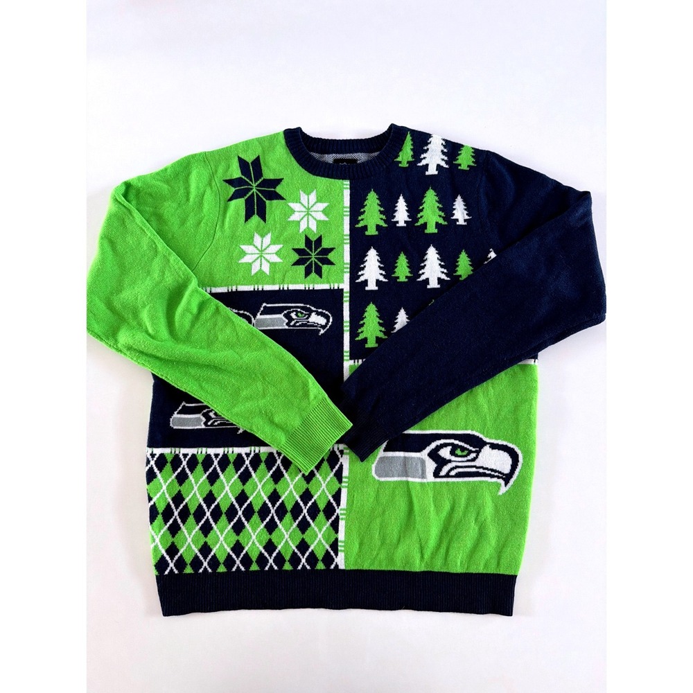 NFL Team Apparel Seattle Seahawks Ugly Christmas Sweater Mens XL Navy Green Knit